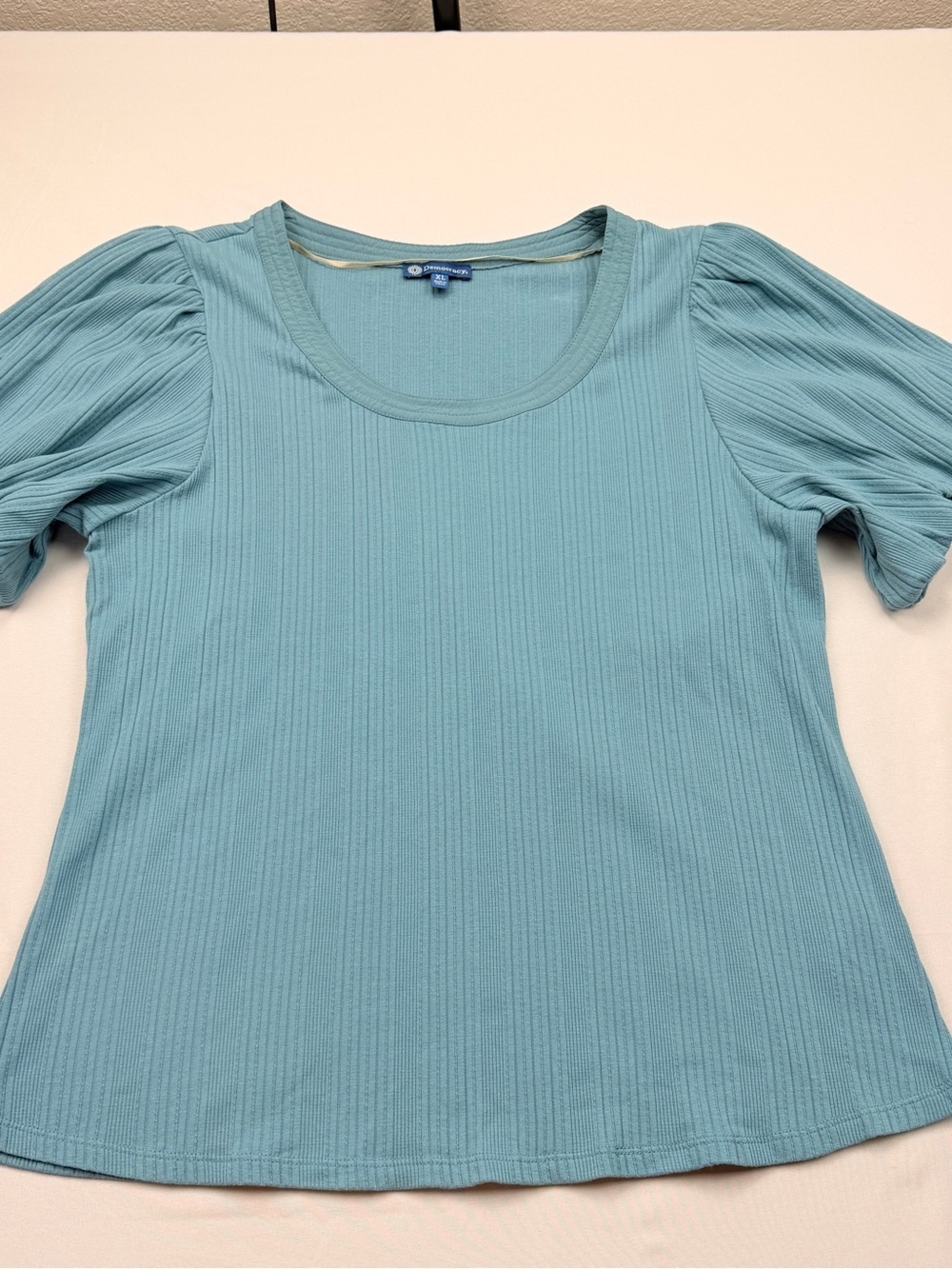Democracy Aqua Ribbed Scoop Puff Sleeve Top